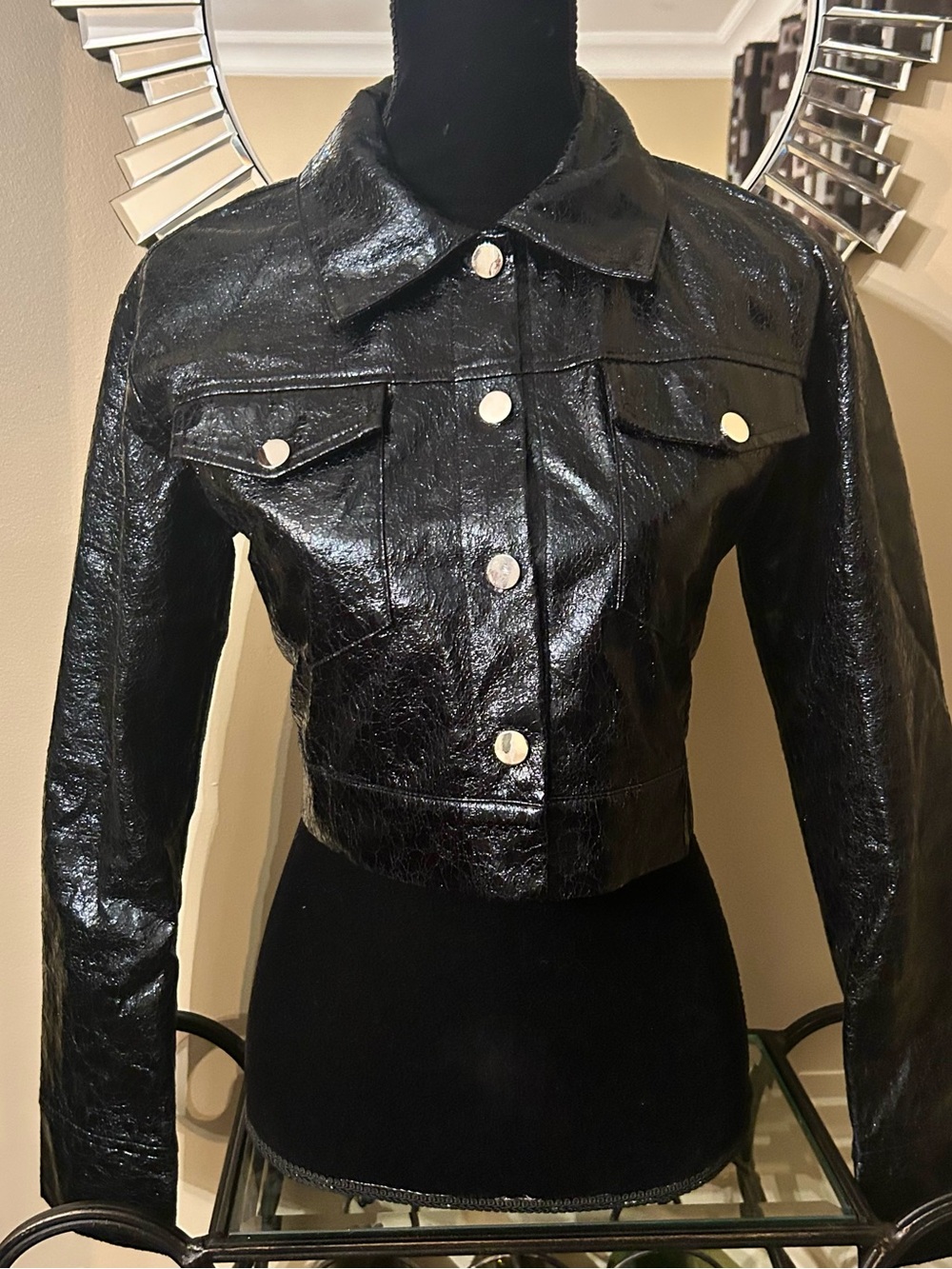 Cropped Black Patent Jacket - Women's Shiny Button-Front Trucker